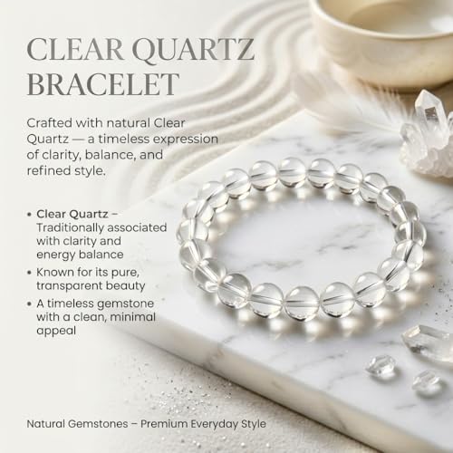 Image of Clear Quartz Bracelet (Sphatik) - Certified 8MM Natural White Crystal Bracelet for Men & Women | Clarity, Focus & Energy Balance | 3 Sizes (Small, Medium, Large)