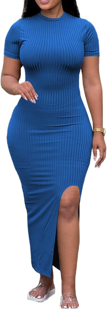 Womens Bodycon Maxi Dress Split Striped Ribbed Crewneck Short Sleeves Casual Sundress Solid Sexy Long Summer Dresses