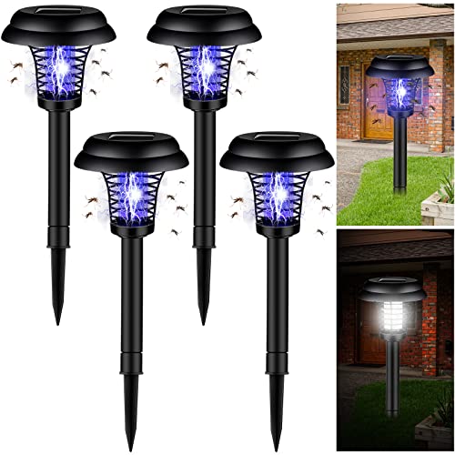 Qualirey 4 Pcs Solar Bug Zapper Waterproof Mosquito Killer Solar Light Power Repellent Lamp for Moth Gnat Fly Small Flying Insect Indoor Outdoor Garden Patio Purple & White (Plastic Black)