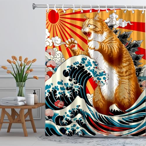 Image of Funny Japanese Cat Small Stall Shower Curtain, Vintage Orange Cat Japan Anime Ocean Wave RV Half Size Narrow Shower Curtain with Hooks, Funky Animal Sun Kids Bathroom Decor 48X72inches