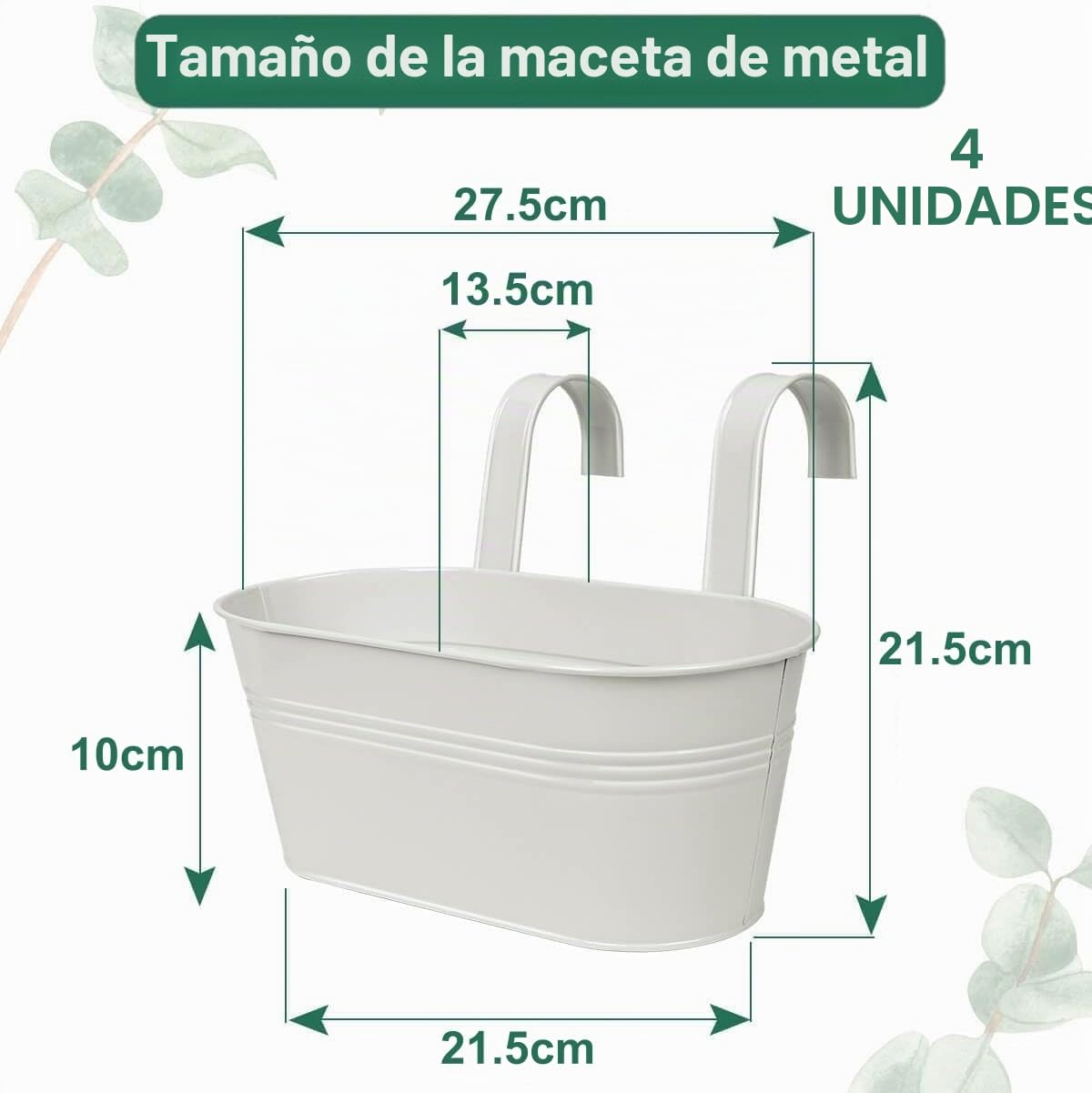 LATERN 4 Piezas Macetas Colgantes de Metal, 27,5CM Macetas Grandes Cubo Colgante para Flores con Gancho Desmontable para Balcón Valla Jardín Hogar Decoración (Blanco)