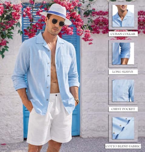 Image of Zombom Men's Cotton Blend Shirt with Full Sleeves Solid Pattern Cuban Collar Neck Line Regular Fit and Standard Length | Solid Shirt for Man Cotton | Shirts for Mans