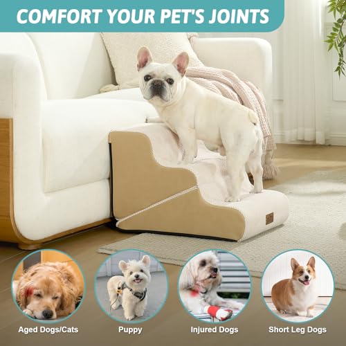 Image of COZY KISS Dog Stairs for Small Dogs, 3-Step 2-in-1 Dog Steps,15.7 inch H | 3-step dog stairs and ramps for Old Cats, Puppy, Small Dogs,Non-Slip Base,for Couch & Bed, Beige