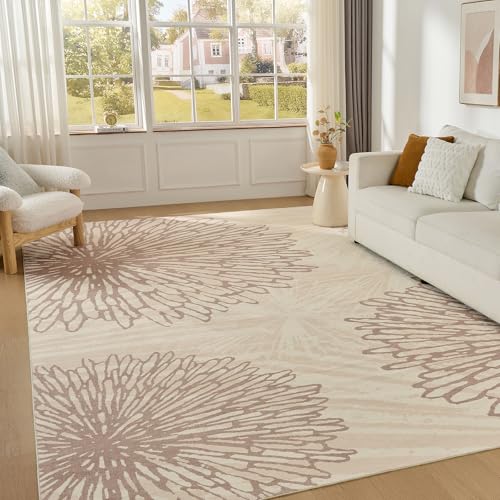 WITSHOCK 12x14 Area Rugs for Living Room: Beige Floral Washable Rugs for Bedroom Dining Room Office Nursery Modern Non-Slip Stain Resistant Low Pile Home Decor(Beige/Brown,12'x14')