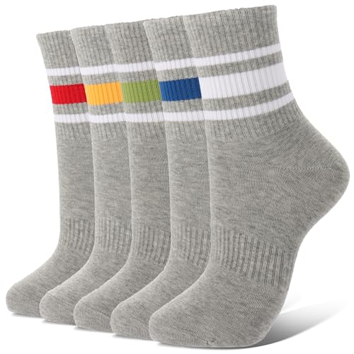 Ultrafun 5 Pairs Womens Crew Socks Cotton Retro Striped Athletic Sports Casual Quarter Socks