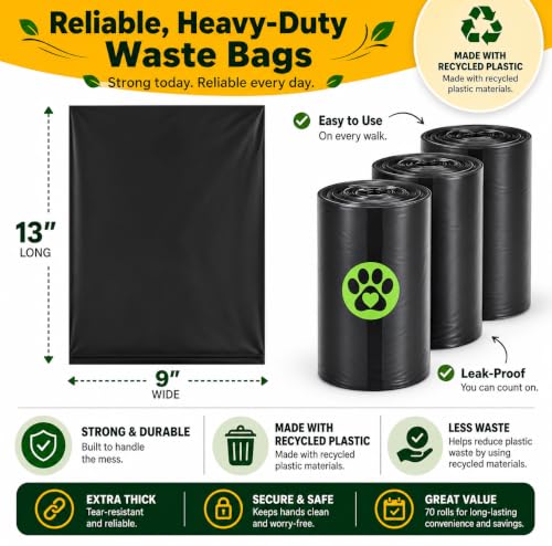 Image of Dog Poop Black Bags with Dispenser (700 Bags) doggy poop bags Pickup Bag 35 Refill Rolls Dog Waste Bags Cat Litter Clamps & Poop Bags (35 Rolls, Uscented)