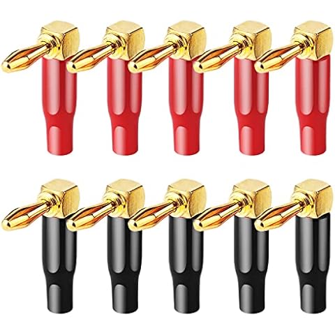 HRLORKC 10pcs Right Angle Speaker Plugs 4mm/0.16" 90 Degree Speaker Connector Right Angle Banana Plugs for Speaker Wire (Red and Black) Cover