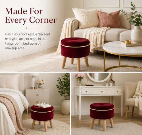 Image of Ottoman Stool for Living Room Foot Rest | Velvet Small Ottoman Foot Stool | Solid Wood Legs | Footstool Puffy for Home, Bedroom & Makeup Table | 30 x 30 cm (12 x 12 Inch) | Maroon