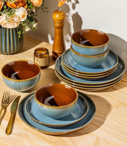 Image of LERATIO Stoneware Dinnerware Sets for 4, 12 Pieces Ceramic Plates and Bowls Sets, Scratch Resistant Dish Set, Oven, Microwave & Dishwasher Safe-Ocean Blue