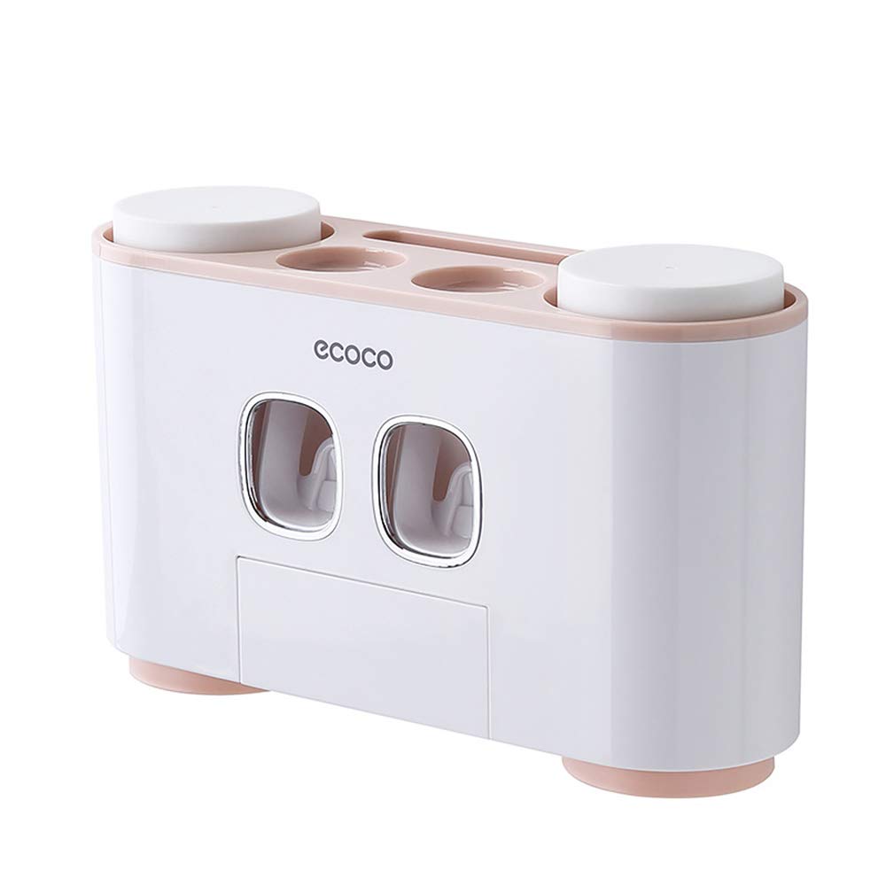 ecoco Portaspazzolino da Parete con 2 Dispenser Automatici di Dentifricio 4 Tazze e 5 Slot per Spazzolino per Portaoggetti da Bagno - Rosa - Montaggio Adesivo Senza Foratura (Rosa)