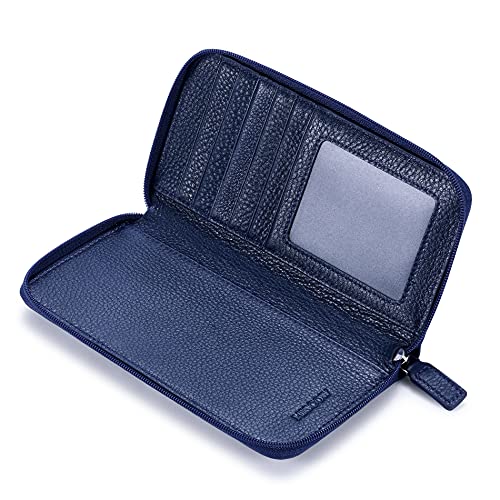 Image of HISCOW Leather Checkbook Cover, Zippered Wallet, Pebbled Blue | Full grain cowhide, 5cc & ID window, personal check book & register pockets, removable duplicate divider, women secure zipper