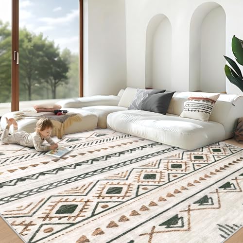 Area Rug Living Room Rugs 8x10 - Large Soft Boho Geometric Rug, Non-Slip Foldable...