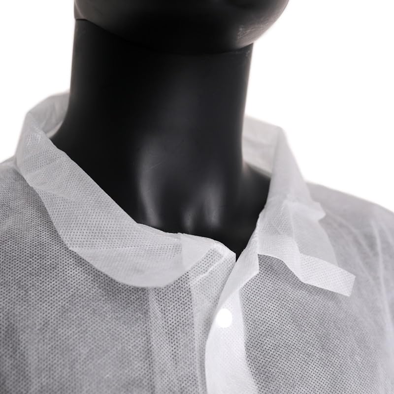 PLUS SANTE - Lot de Surblouses Jetables, Manches Longues, Fermeture à Pression, Imperméables et Résistantes, Polypropylène Non Tissé, Taille Unique (Stratch 25g/m², Blanc)
