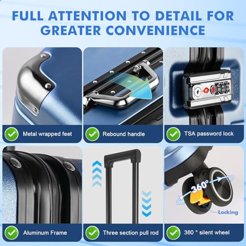 hard shell zipperless Carry On Luggage 22x14x9 Airline Approved, Aluminum Frame Suitcases With 360 Roller Spinner Wheels TSA Lock For Travel (blue, 20 inch), XLX023