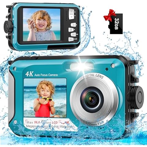 Underwater Camera - 4K 11FT Waterproof Camera with 32GB Card 56MP Autofocus Dual-Screen Selfie for Snorkeling Compact Floatable Point and Shoot Digital Camera Type-C (Blue) Cover