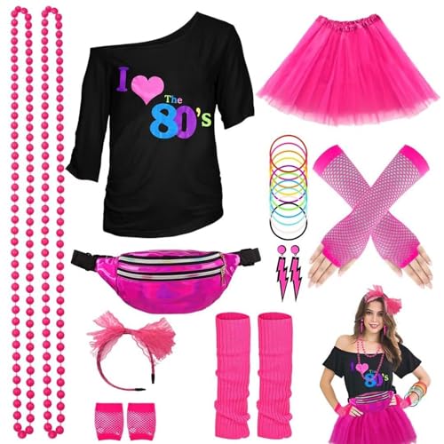 Faschingskostüme Damen 80er Jahre Outfit Damen, Neon Party Outfit, Inklusive T-Shirt, Stirnband, BeinwäRmer, Armband, Haarband, Halskette, Armband,...