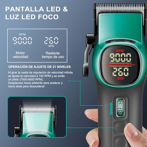 VGR 885 S2 Maquina de Cortar Pelo Hombre Profesional, Set de Maquinilla Cortapelos y Recortador Inalámbrico con Cuchillas de Cerámica, Rodillo 21 Velocidades, 2 Bases Magnéticas, Pantalla LED, Verde - imagen 6