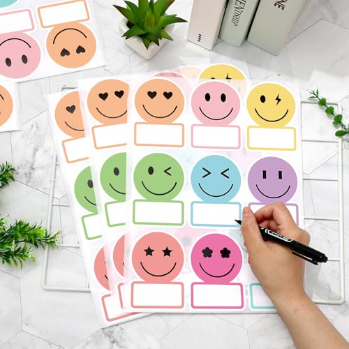 Image of Whaline 135Pcs Pastel Smile Face Name Tag Stickers 9 Designs Nameplate Decals Cute Desk Name Label for Back to School Classroom Bulletin Board Office Wall Decor