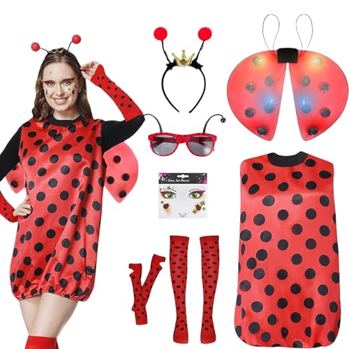 Costume de Ladybug pour fille, costume d'Halloween pour femme, 9 pièces, rouge, avec ailes lumineuses et bandeaux, costume de Ladybug, tenue de fête pour...