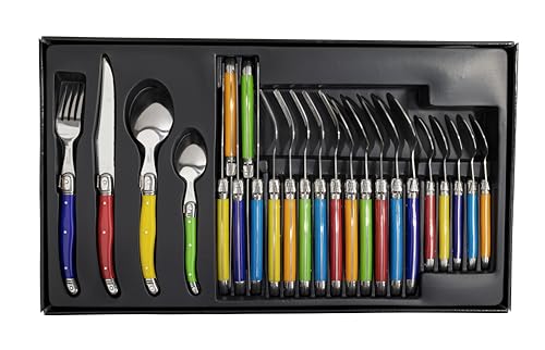 LAGUIOLE - Ménagère Multicolore, 24 Couverts - 6 Couteaux de Table + 6 Fourchettes + 6 Cuillères à Soupe + 6 Cuillères à Café - Acier Inoxydable et...