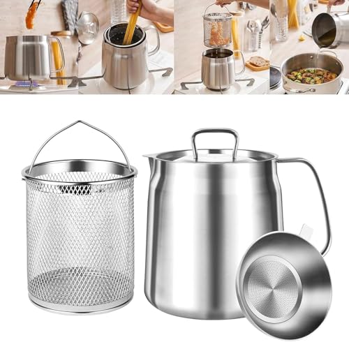 68oz Stainless Steel Bacon Grease Container with Strainer, Cooking Oil Storage Can with Mesh Filter, Lid and Easy-Grip Handle,Fat Separator for Storing Fats, Frying Oil and Cooking Grease (2L)
