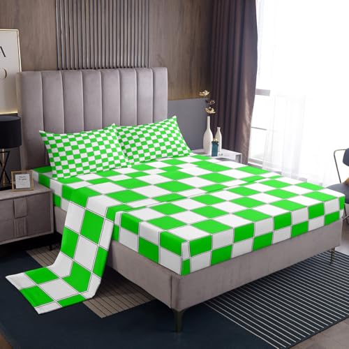 Image of Erosebridal Lime Green Checkered Bedding Set Full Buffalo Plaid Grid Bed Sheets Geometric Gingham Sheet Set Kids Boys Girls,Modern Fashion Fitted Top Sheets 4 Piece