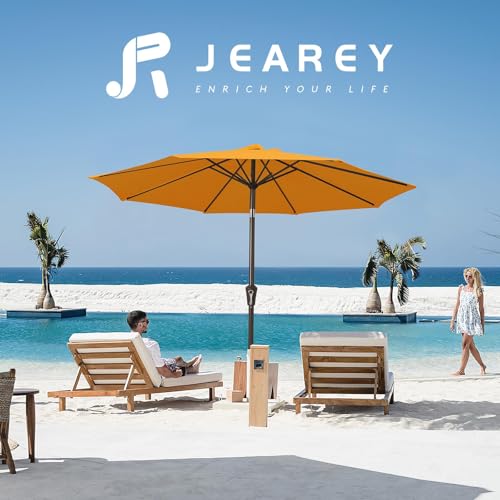 Image of JEAREY 9FT Outdoor Patio Umbrella Outdoor Table Umbrellas with Push Button Tilt and Crank, Market Umbrella 8 Sturdy Ribs UV Protection Waterproof for Garden, Deck, Backyard, Pool (Sun Orange)