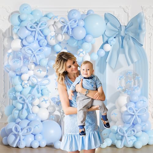 Image of Blue and White Balloon Arch Kit, JOGAMS 199Pcs Bow Balloon Arch Kit with 260 Clear Balloons Blue Ribbon for Blue Bow Birthday Decorations Bachelorette Baby Shower Bridal Shower Wedding