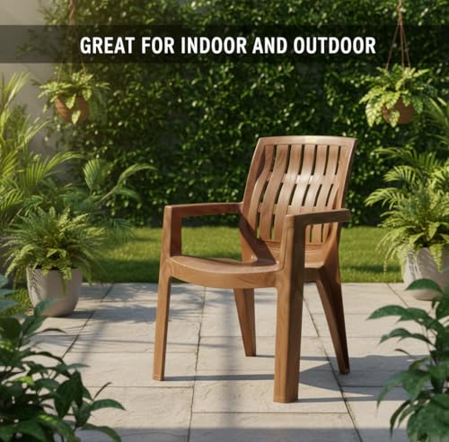 Image of Patiofy Plastic Chair for Home & Outdoor Use | Heavy Duty Comfortable Chair with Strong Legs | Stackable, Easy to Clean | Suitable for Living Room, Balcony, Patio Pack of 1 (Spino Sandalwood)