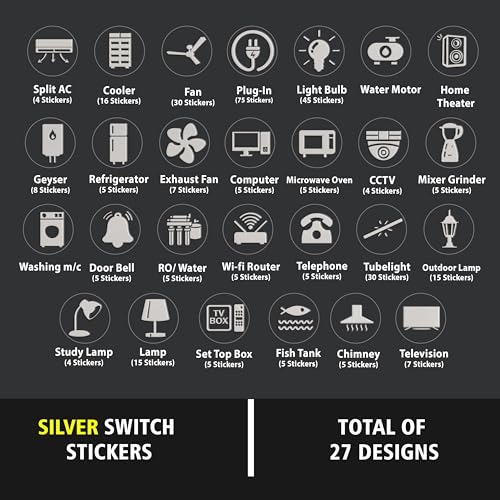 Image of Premium Silver Foil Embossed Switch Stickers for Switch Board | Pack of 330 Stickers for Home Including Fan, Light and Many More