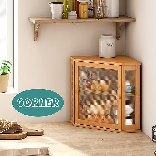 Viewcare Corner Bread Box For Kitchen Counter, Bamboo Wood Large Capacity Bread Storage Bin With Acrylic Wavy Door Panel thumb #1