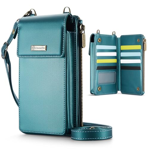 CaseMe Pequena bolsa transversal para celular para mulheres, bolsa de ombro com bloqueio de RFID com alça e compartimentos para cartões, Verde azulado, Bolsa transversal para celular
