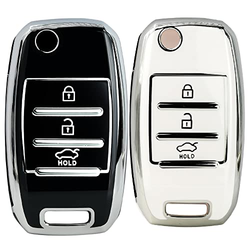 Image of KMH TPU Silver Car Smart Key Cover Compatible for Kia Seltos and Sonet 3 Push Button Smart Flip Key Shell Case Holder, Full Key Protection (Silver Black & Silver White) Pack of 2