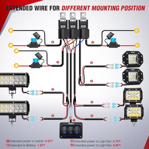 Image of Nilight 16AWG LED Light Bar Wiring Harness Kit 12V On /Off 3 Gang Laser Etched LED Pod Lights Rocker Switch Panel Power Relay Fuse 5Pin Toggle Switch for Cars Boat ATV Trucks-4 Leads, 2 Years Warranty | 12V On /Off 3 Gang Laser Etched Pod Lights Rocker Switch Panel Power Relay Fuse 5Pin Toggle for Cars Boat ATV Trucks