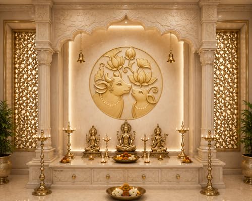 Image of Pichwai Cow Wallpaper for Mandir, Self-Adhesive Vinyl, Removable Marble Wall Sticker for Pooja Room & Temple (3x3)