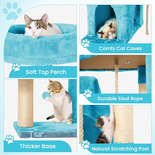 Image of 57inch Large Cat Tree Tower Condo for Indoor Cats, Soft Plush Multi-Level Climbing Tree Cat House with Cat Cave, Scratching Post, More Entrance /Exit, Sisal Rope, Light Blue