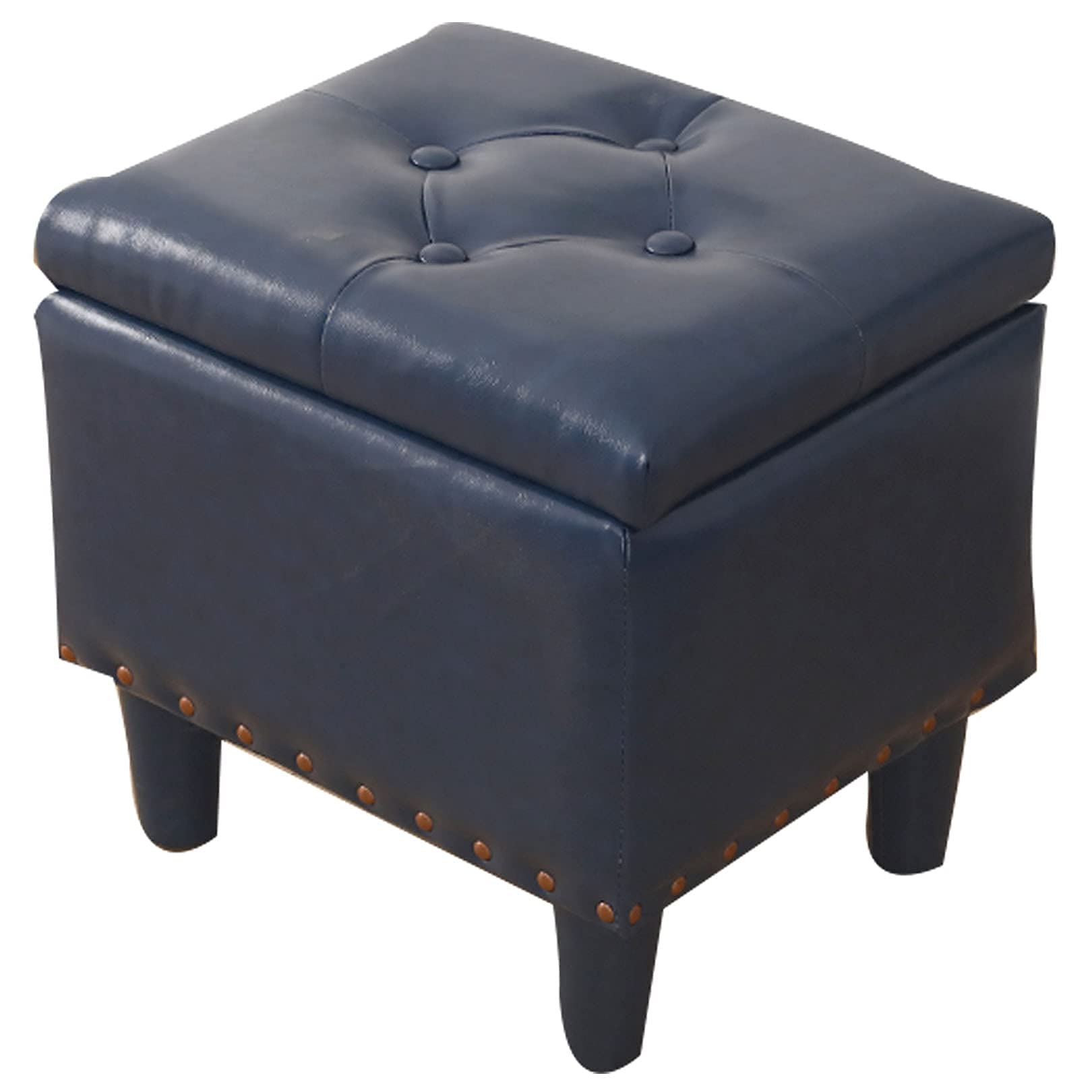 Tabouret pouf coffre en cuir PU bleu vintage avec rivets élégants et structure stable