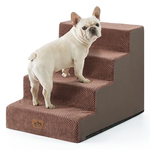 Image of COZY KISS Dog Stairs for Small Dogs, 17.7 inch Extra Wide Right-Angle Pet Stairs for Couch and Beds, Anti-Slip Dog Steps for Old Cats and Lowrider, 17.7x23.6x17.7 inch, Brown