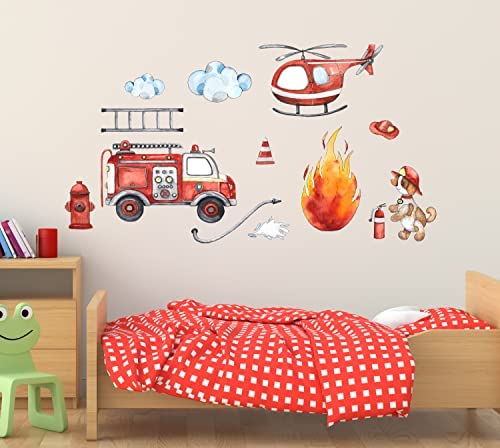 Decalzone Firefighter Watercolor Wall Decal - Fire Truck Baby Wall Decal Nursery Home Bedroom Children Vinyl Sticker (30'W x 16'H)