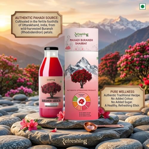Image of REFRESHING ROOTS Uttarakhand Premium Buransh (Rhododendron) Squash, 1500 ML Glass Bottle | Cold Pressed | Natural Health Drink | Added Honey | No Artificial Flavors | Rich in Antioxidants | Glass Bottle (500 ML * 3)