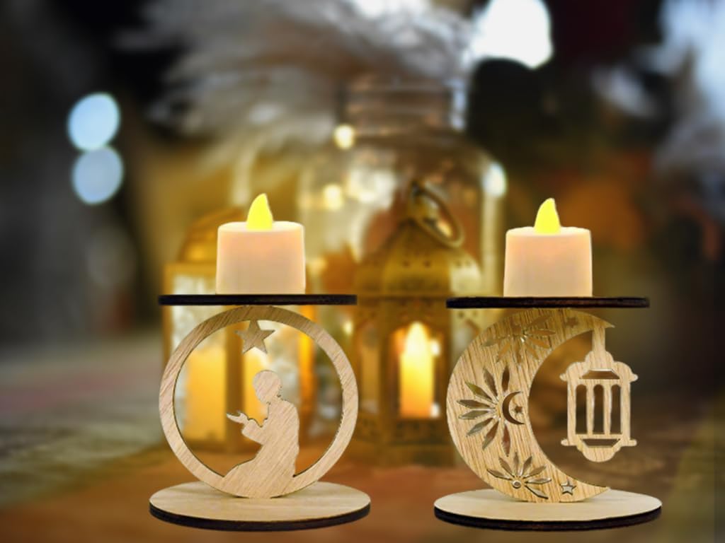 6 Pack Wooden Ramadan Candle Holders, Wooden Muslim Design Ramadan Eid, Decorative Lamp Moon Night Light, Indoor/Outdoor Muslim Islamic Party