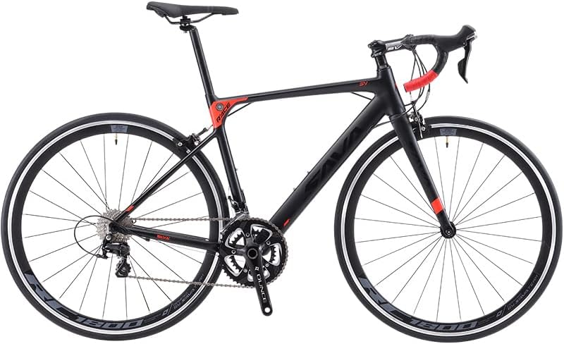 SAVADECK Aluminium Road Bike, R8 700C Carbon Fork Road Bicycle Lightweight Aluminium Alloy Frame Road Bike with SORA R3000 18 Speed Derailleur System and Double V Brake Black Red 52CM