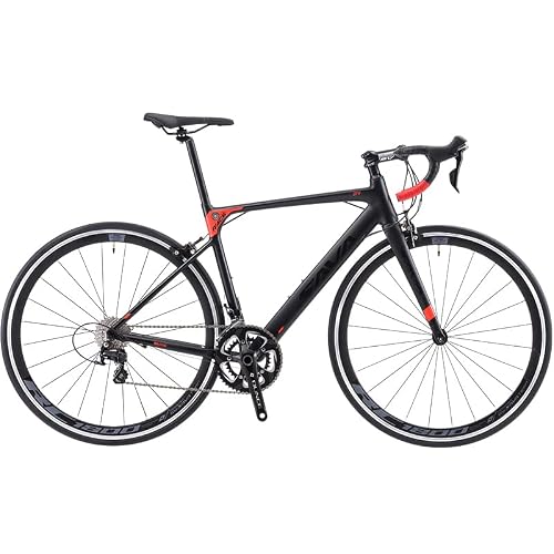 SAVADECK Aluminium Road Bike, R8 700C Carbon Fork Road Bicycle Lightweight Aluminium Alloy Frame Road Bike with SORA R3000 18 Speed Derailleur System and Double V Brake Black Red 52CM