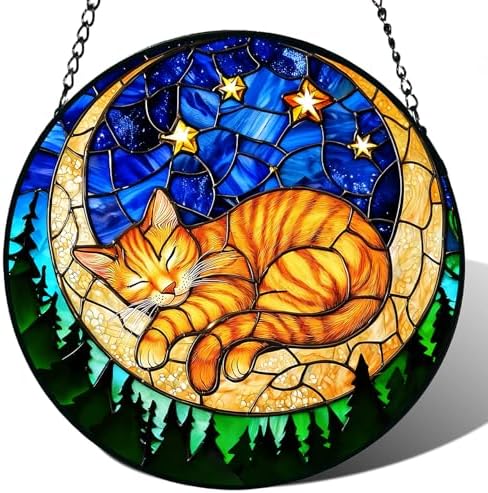 Stained Glass Window Hanging, Orange Sleeping Cat Suncatcher for Door ...