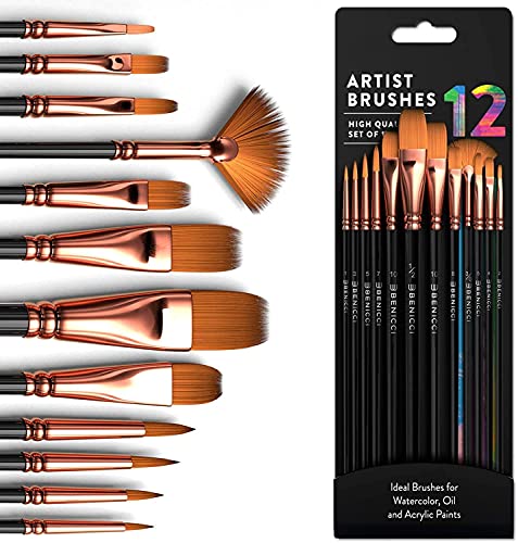 S2C Premium 12-Piece Artist Paint Brush Set - Non-Toxic Brushes for Acrylic Oil Watercolor - Ideal for Beginners & Professionals - Durable Anti-Shedding Design