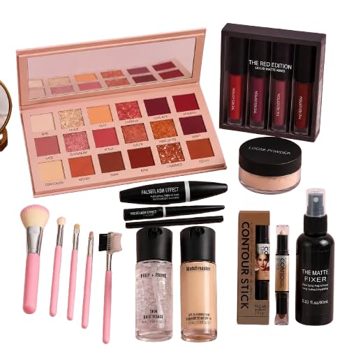 Professional All in One Makeup Kit for Women & Girls | Eyeshadow Palette, 4 Matte Liquid Lipsticks, Foundation, Primer, Loose Powder, Contour Stick, Mascara, Eyeliner, Makeup Brushes & Makeup Fixer Combo Gift Set-image-17