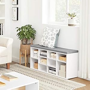 VASAGLE Shoe Bench with Cushion, Storage Bench with Padded Seat, Entryway Bench with 10 Compartments, for Bedroom, 11.8 x 40.9 x 18.9 Inches, Cloud White and Dove Gray ULHS10WT VASAGLE Shoe Bench with Cushion Storage Bench with Padded Seat Entryway Bench with 10 Compartments for Bedroom 118 x 409 x 189 Inches Cloud White and Dove Gray ULHS10WT