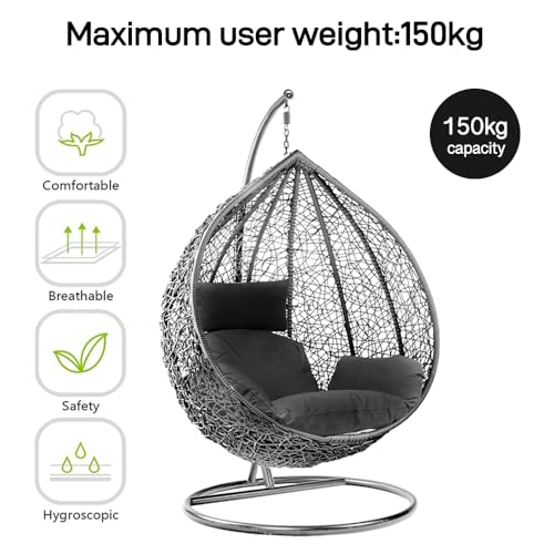 Rattan Swing Egg Chair Garden Swing Chair Patio Hanging Chair Indoor/Outdoor Hanging Hammock with Cushion (black chair-black) 5 Rattan Swing Egg Chair Garden Swing Chair Patio Hanging Chair Indoor/Outdoor Hanging Hammock with Cushion (black chair-black) - Image 5