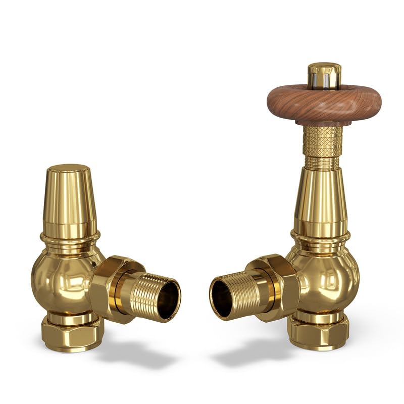 UK Radiators Válvulas termostáticas de latón pulido y válvula de bloqueo en ángulo, acabado de latón pulido, diseño tradicional, válvulas de radiador anguladas de 1/2 pulgadas x 15 mm