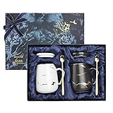 Wisolt 2 Stück Paare Tassen Kaffeebecher Keramik Tasse Marmor Set Kaffeetassen Set mit Kaffeelöffel für Hochzeit Jubiläum Valentines Geschenk